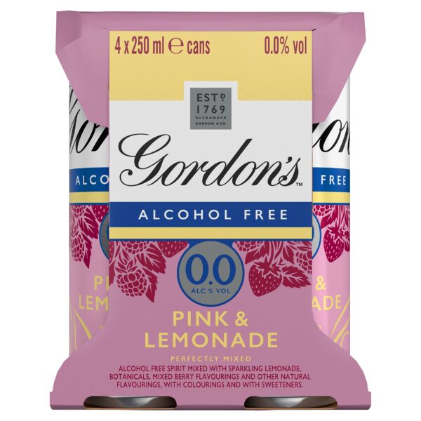 Four pack of Gordons premium alcohol free pink and lemonade drink