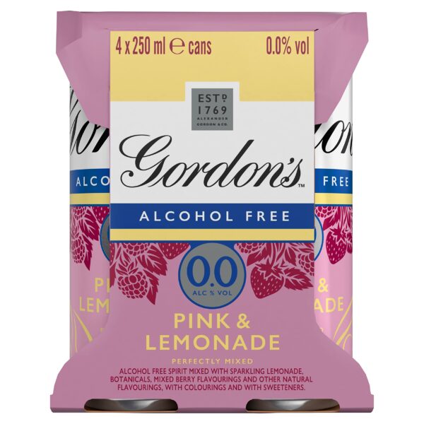 Four pack of Gordons premium alcohol free pink and lemonade drink