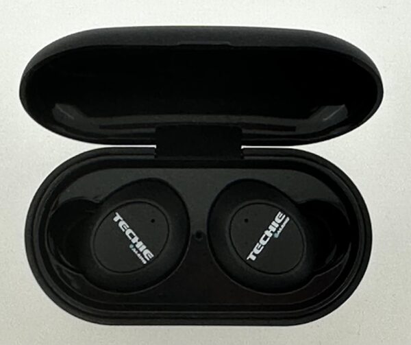 A pair of black wireless earphones