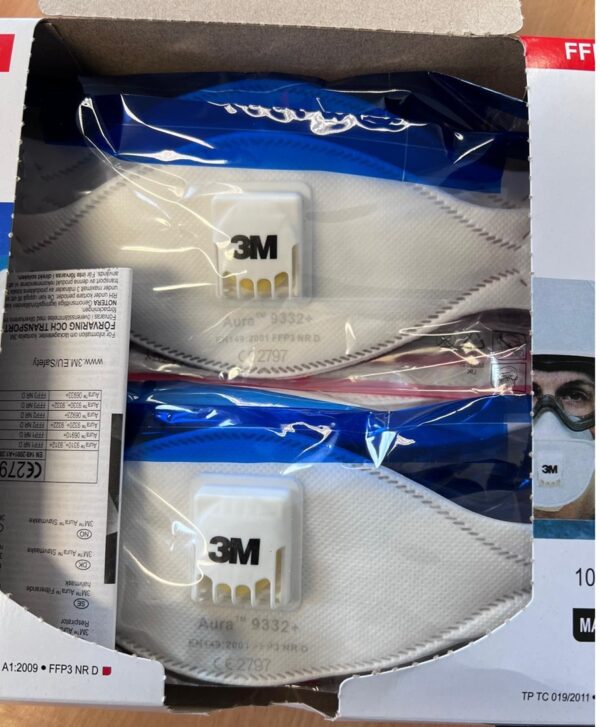 Two 3M face masks in a box