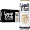 A white coloured can of liquid death still water drink next to black cardboard packaging