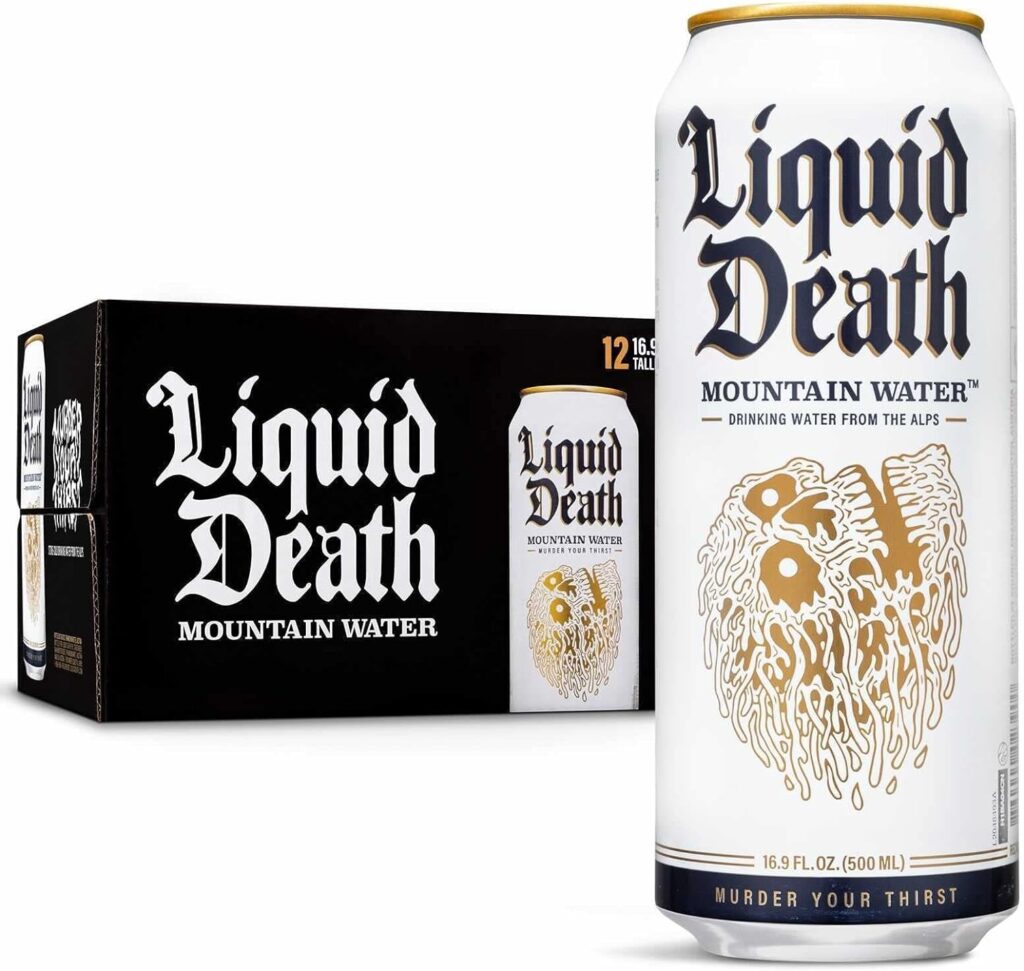 A white coloured can of liquid death still water drink next to black cardboard packaging